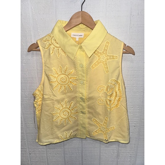 entro Tops - Entro Sleeveless Button Down Top Women Yellow Sun Starfish Eyelet T29935 Medium